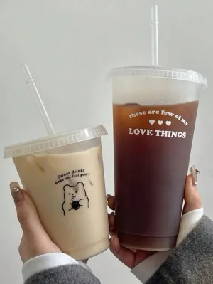 1pc English Letters Bear Plastic Straw Cup Girl Heart Water Cup Portable Coffee Cup Juice Cup