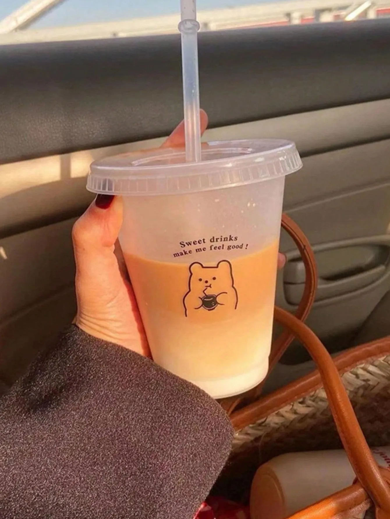 1pc English Letters Bear Plastic Straw Cup Girl Heart Water Cup Portable Coffee Cup Juice Cup