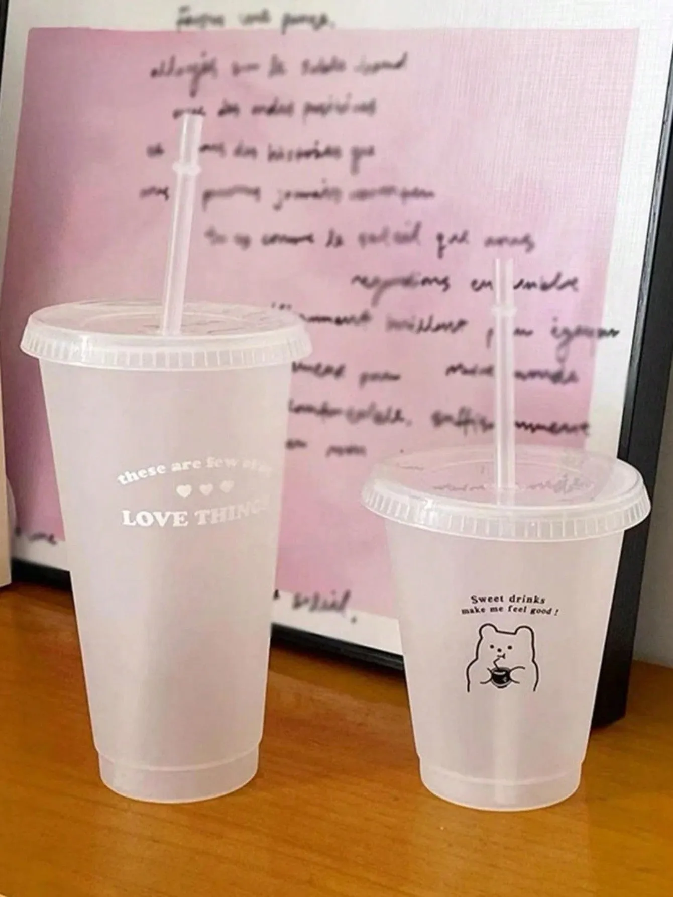 1pc English Letters Bear Plastic Straw Cup Girl Heart Water Cup Portable Coffee Cup Juice Cup