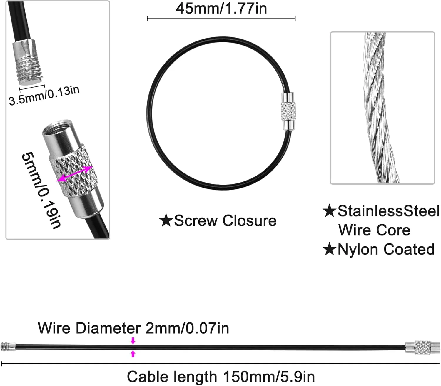 25 Pack Wire Keychain Cable,5.9 Inches Nylon Coated Stainless Steel Key Ring,Luggage Tag Loops,2mm Twist Barrel,Black