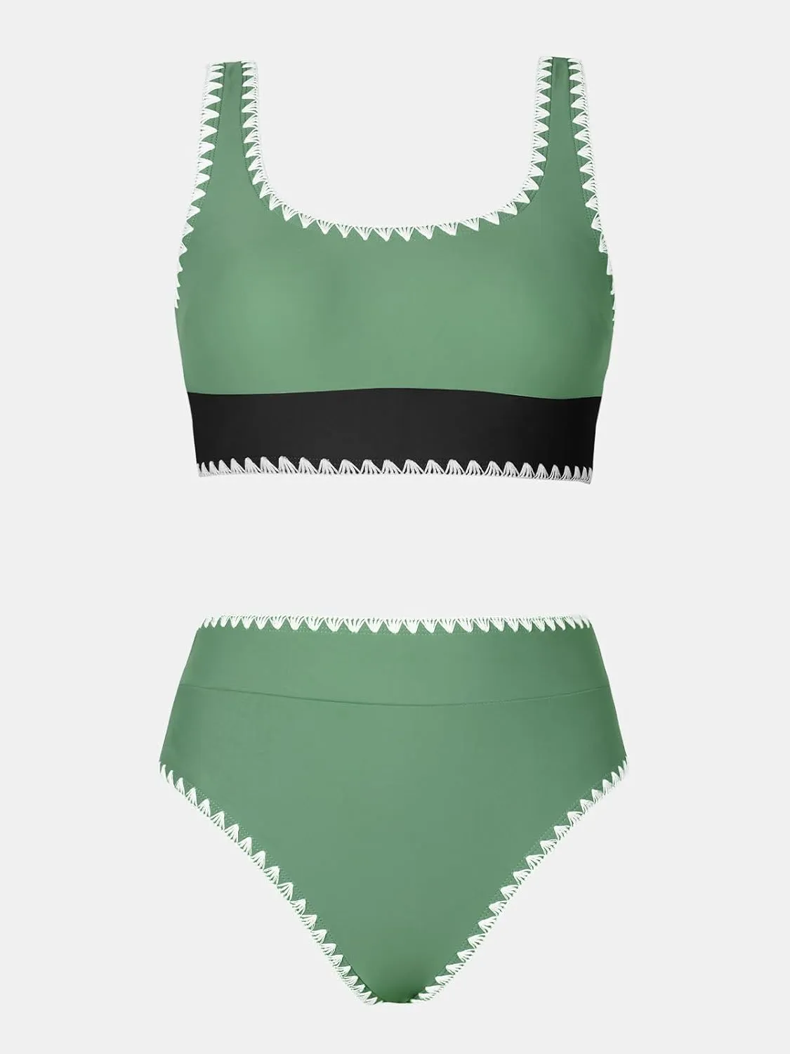 CUPSHE Women's Bikini Sets Two Piece Swimsuit Scoop Neck Tank Wide Straps Midkini Stitching