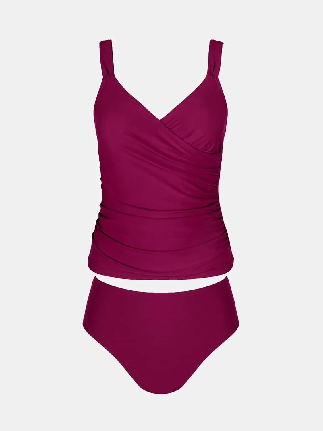 CUPSHE Women's Tankini Sets Surplice V Neck Two Piece Bathing Suits Adjustable Straps Shirred Mid Rise Swimwear