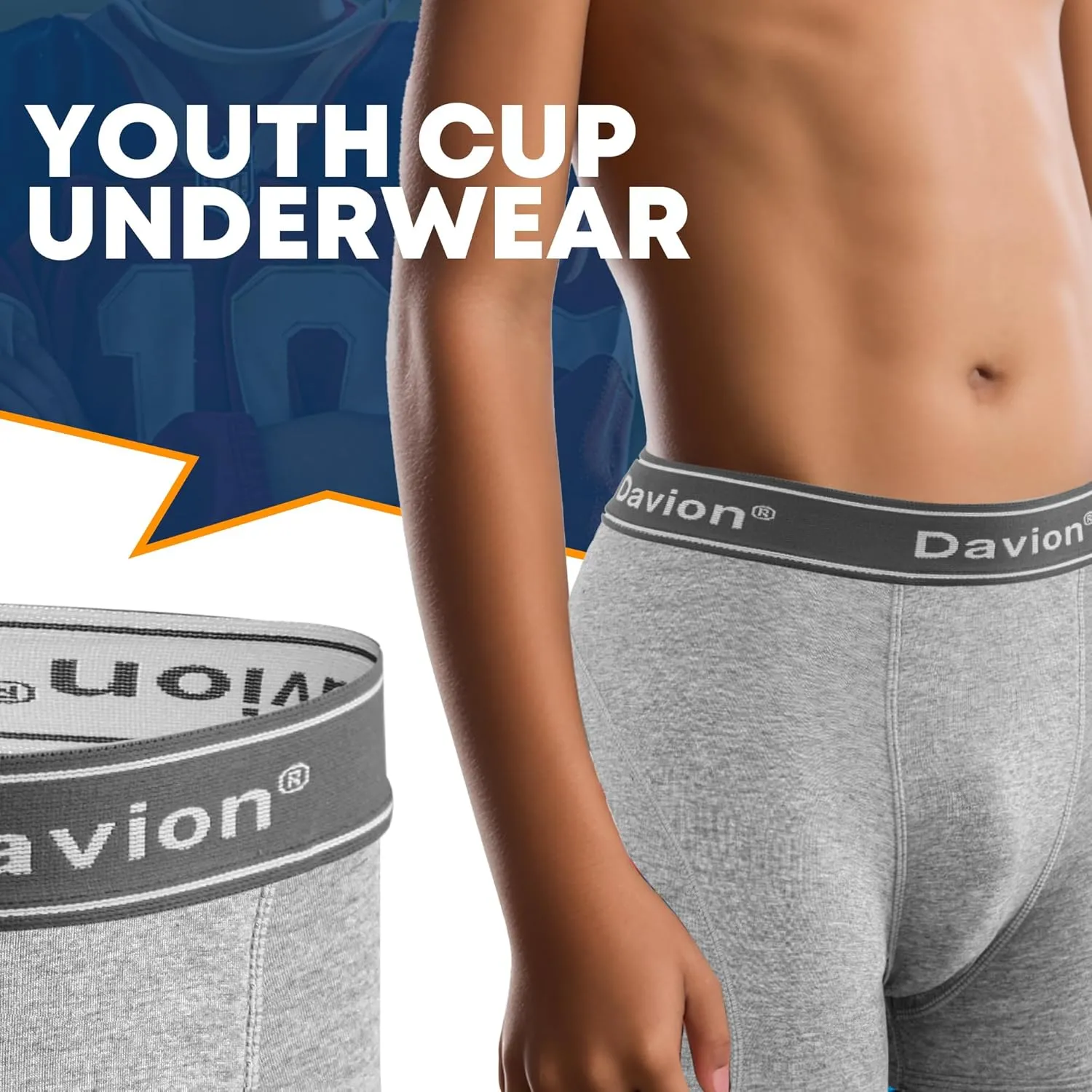 Davion 2-Pack Boys Underwear with 1 Soft Protective Athletic Cup Youth Briefs for Football, Baseball, Lacrosse