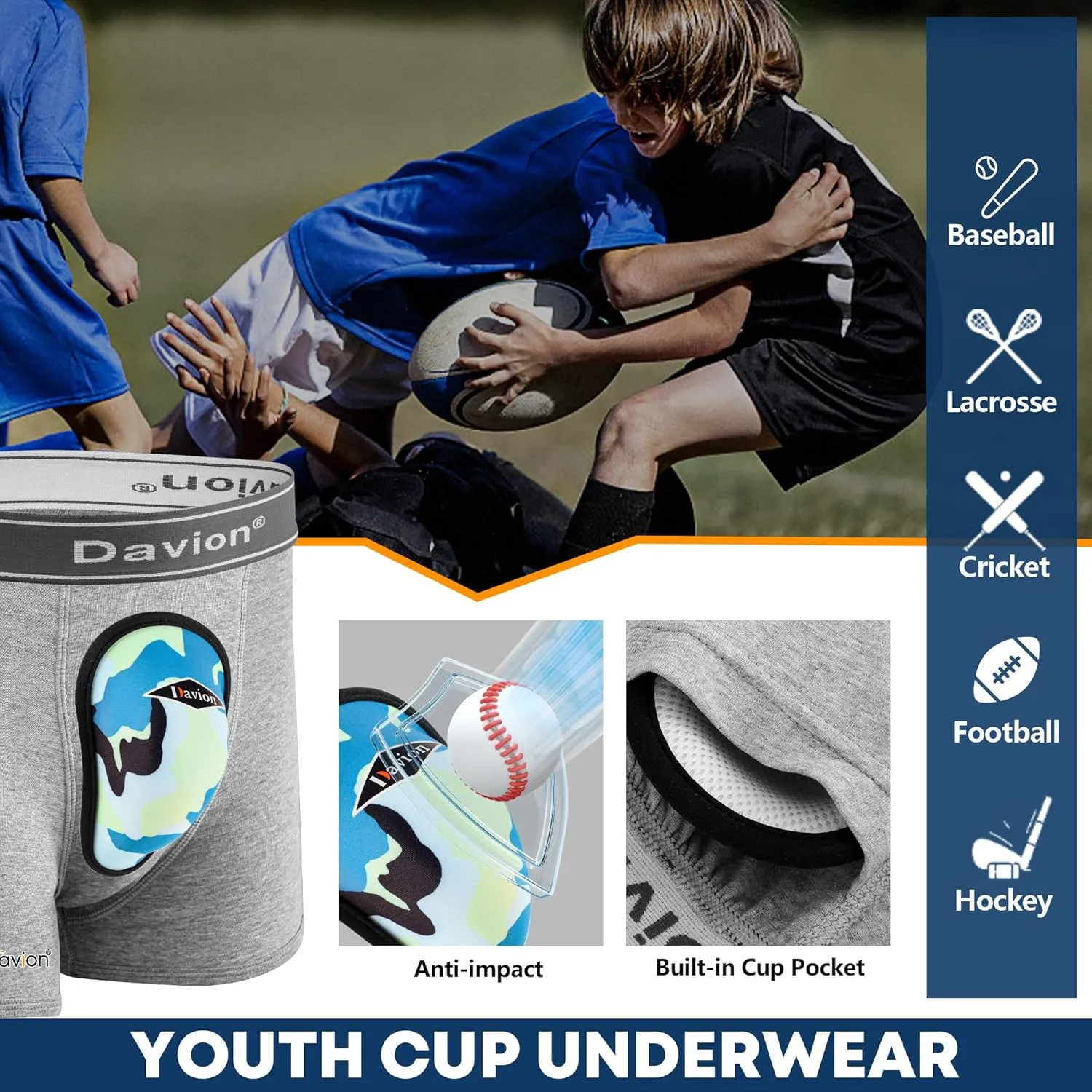 Davion 2-Pack Boys Underwear with 1 Soft Protective Athletic Cup Youth Briefs for Football, Baseball, Lacrosse