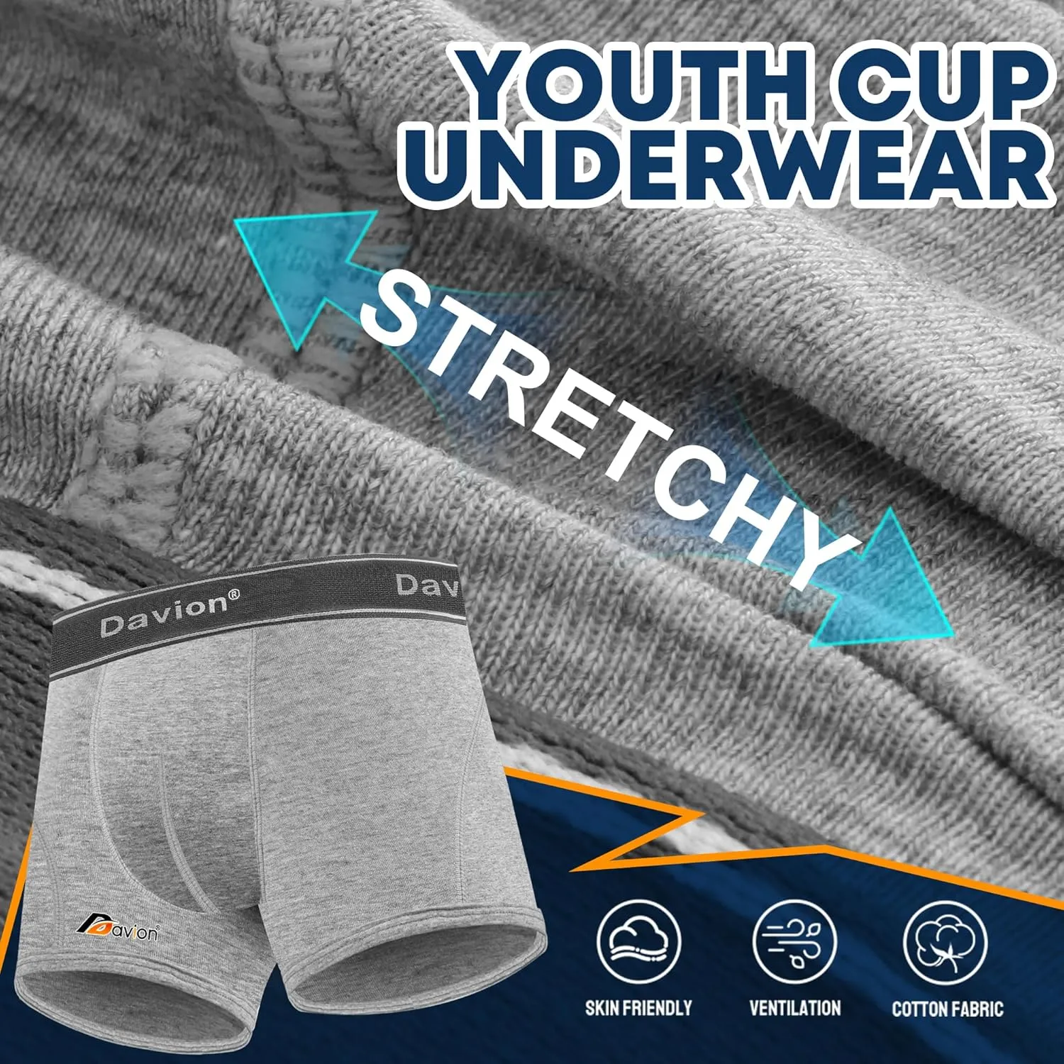 Davion 2-Pack Boys Underwear with 1 Soft Protective Athletic Cup Youth Briefs for Football, Baseball, Lacrosse