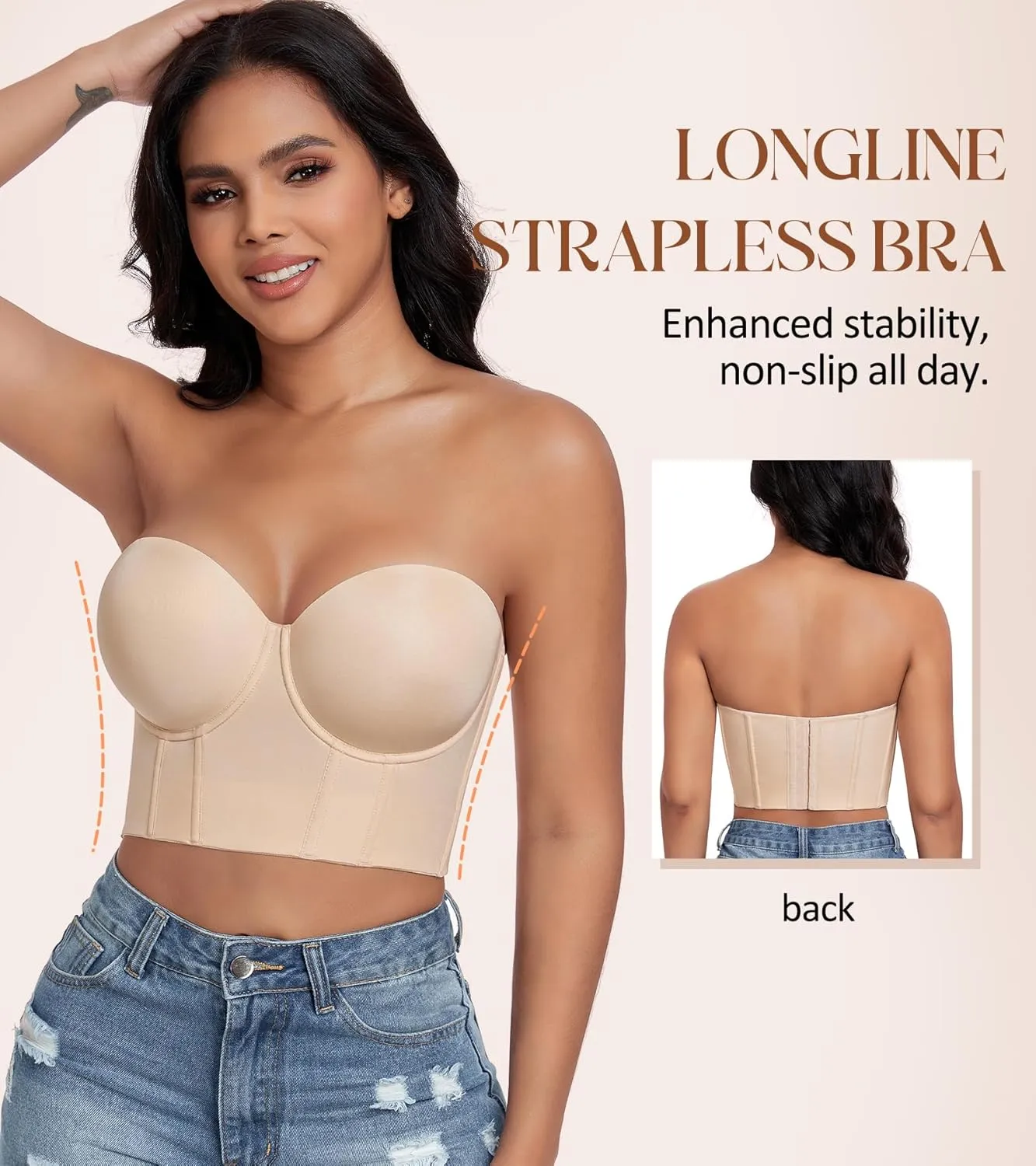 DotVol Women's Longline Strapless Full Figure Underwire Corset Bustier Bra