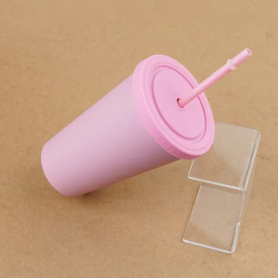 Double Layer Pastel Color Plastic Cup with Straw