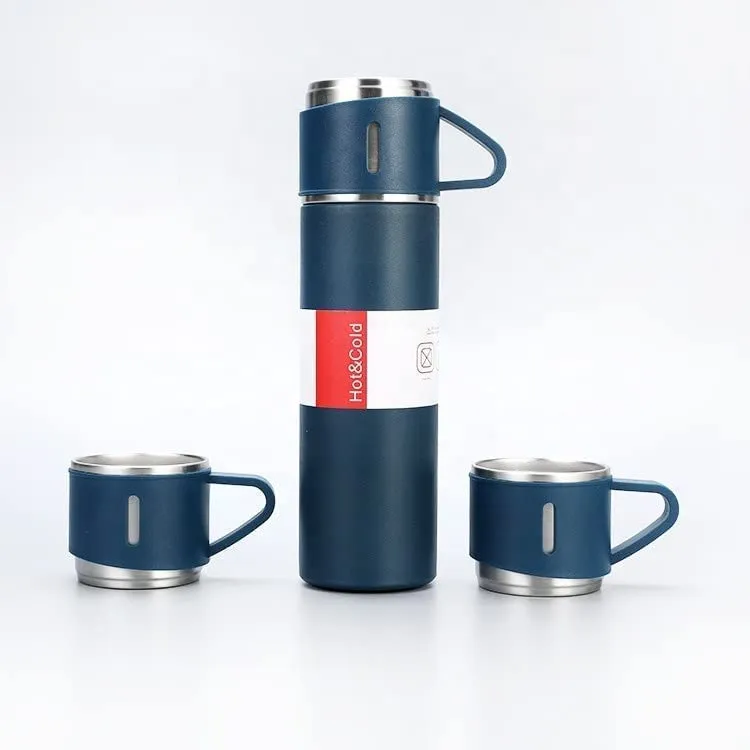 Double Wall Stainless Steel Thermo 500ml Vacuum Insulated Bottle Water Flask Gift Set with Two Cups Hot & Cold | Assorted Color | Corporate Gift|Valentine Gift for Boyfriend/Girlfriend|Kids