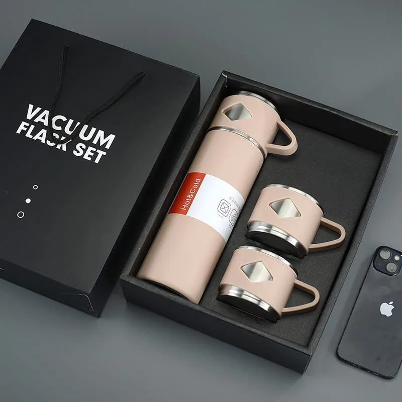 Double Wall Stainless Steel Thermo 500ml Vacuum Insulated Bottle Water Flask Gift Set with Two Cups Hot & Cold | Assorted Color | Corporate Gift|Valentine Gift for Boyfriend/Girlfriend|Kids