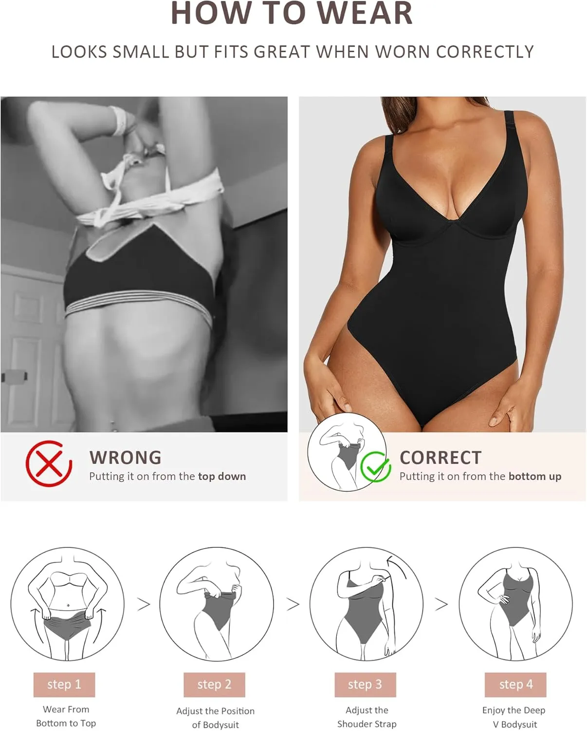 FeelinGirl Shapewear Bodysuits for Women Tummy Control Body Suits Deep V Neck Thong Body Shaper