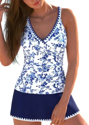 ROSEWE Two Piece Tankini Swimsuits for Women, Tummy Control Bathing Suit with Skirt, V-Neck Swimdress