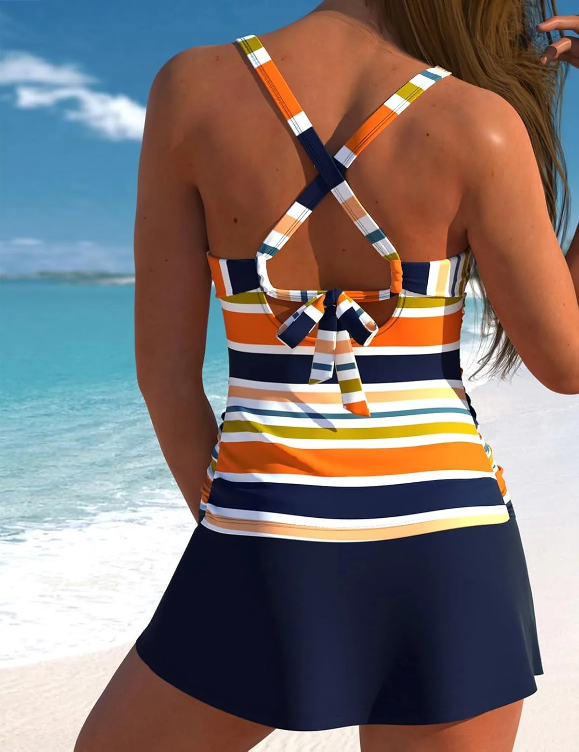 ROSEWE Two Piece Tankini Swimsuits for Women, Tummy Control Bathing Suit with Skirt, V-Neck Swimdress