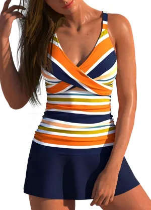 ROSEWE Two Piece Tankini Swimsuits for Women, Tummy Control Bathing Suit with Skirt, V-Neck Swimdress