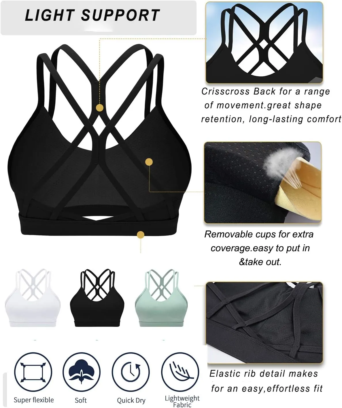 RUNNING GIRL Strappy Sports Bra for Women Sexy Crisscross Back Light Support Yoga Bra with Removable Cups