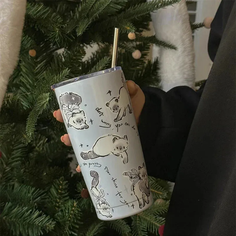 SINOTAO  -  Cute Cat Tumbler Thermal Cup For Coffee Tea Beer Juice 550ml Kawaii Sainless Steel Thermos With Straw Car Cup Water Bottle Gift