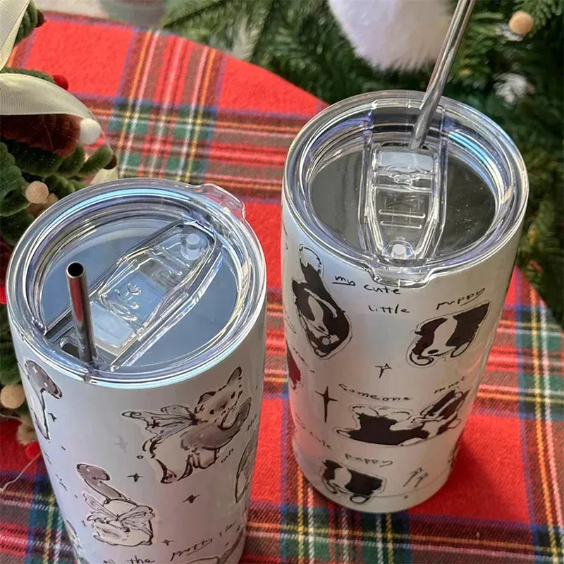SINOTAO  -  Cute Cat Tumbler Thermal Cup For Coffee Tea Beer Juice 550ml Kawaii Sainless Steel Thermos With Straw Car Cup Water Bottle Gift