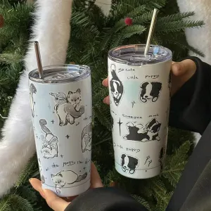 SINOTAO  -  Cute Cat Tumbler Thermal Cup For Coffee Tea Beer Juice 550ml Kawaii Sainless Steel Thermos With Straw Car Cup Water Bottle Gift