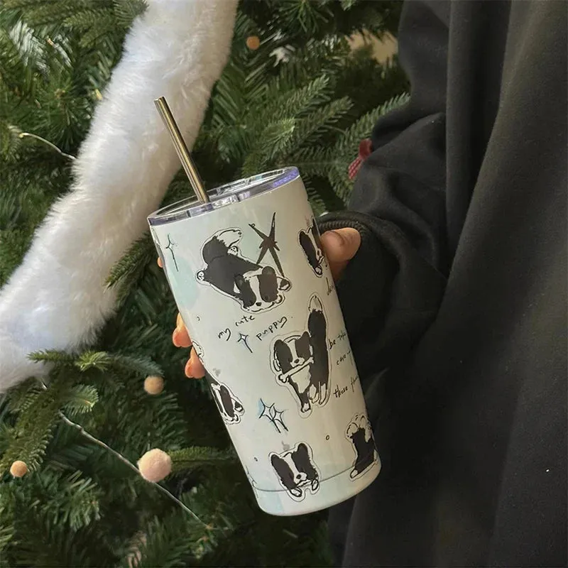 SINOTAO  -  Cute Cat Tumbler Thermal Cup For Coffee Tea Beer Juice 550ml Kawaii Sainless Steel Thermos With Straw Car Cup Water Bottle Gift