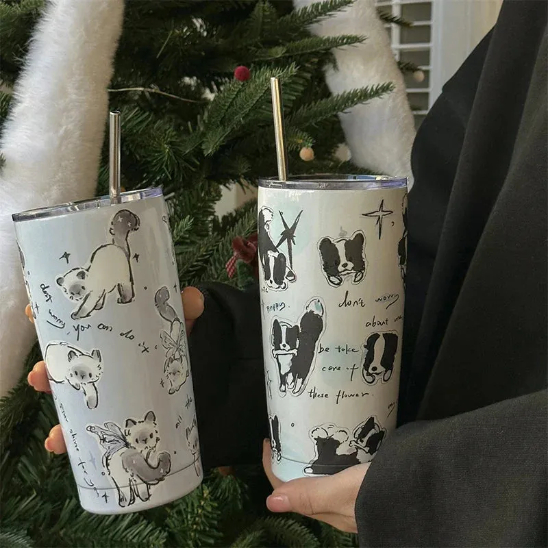 SINOTAO  -  Cute Cat Tumbler Thermal Cup For Coffee Tea Beer Juice 550ml Kawaii Sainless Steel Thermos With Straw Car Cup Water Bottle Gift