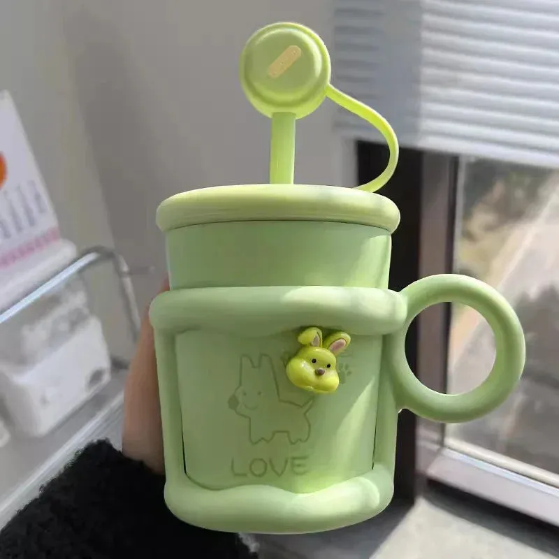 SINOTAO  -  Cute Puppy Thermos Sainless Steel Water Bottle With Straw Filter Tumbler 450ml Insulation Thermal  Cup For Coffee Tea Juice Gift