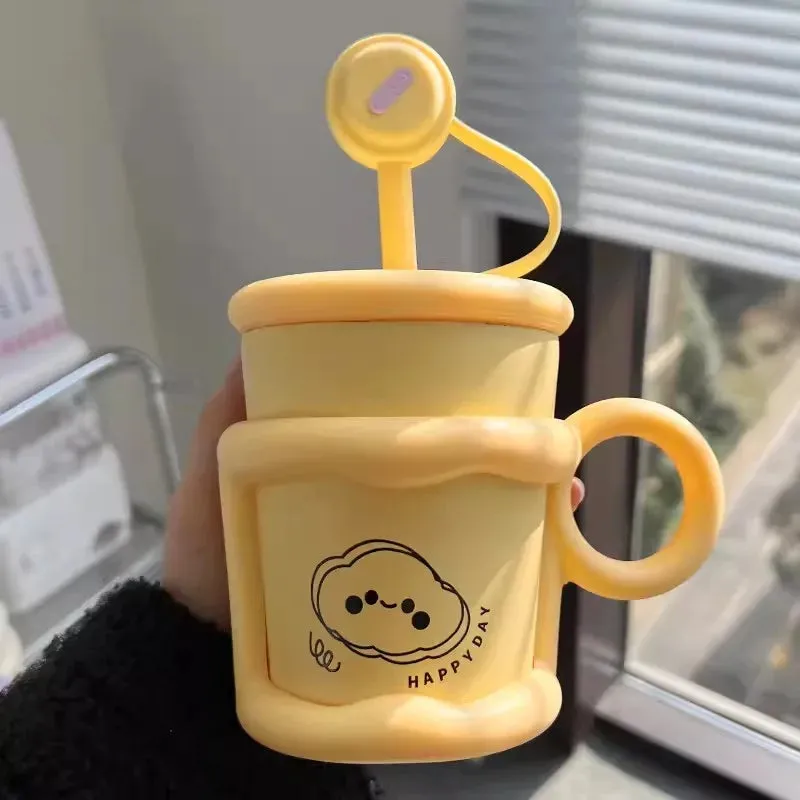 SINOTAO  -  Cute Puppy Thermos Sainless Steel Water Bottle With Straw Filter Tumbler 450ml Insulation Thermal  Cup For Coffee Tea Juice Gift