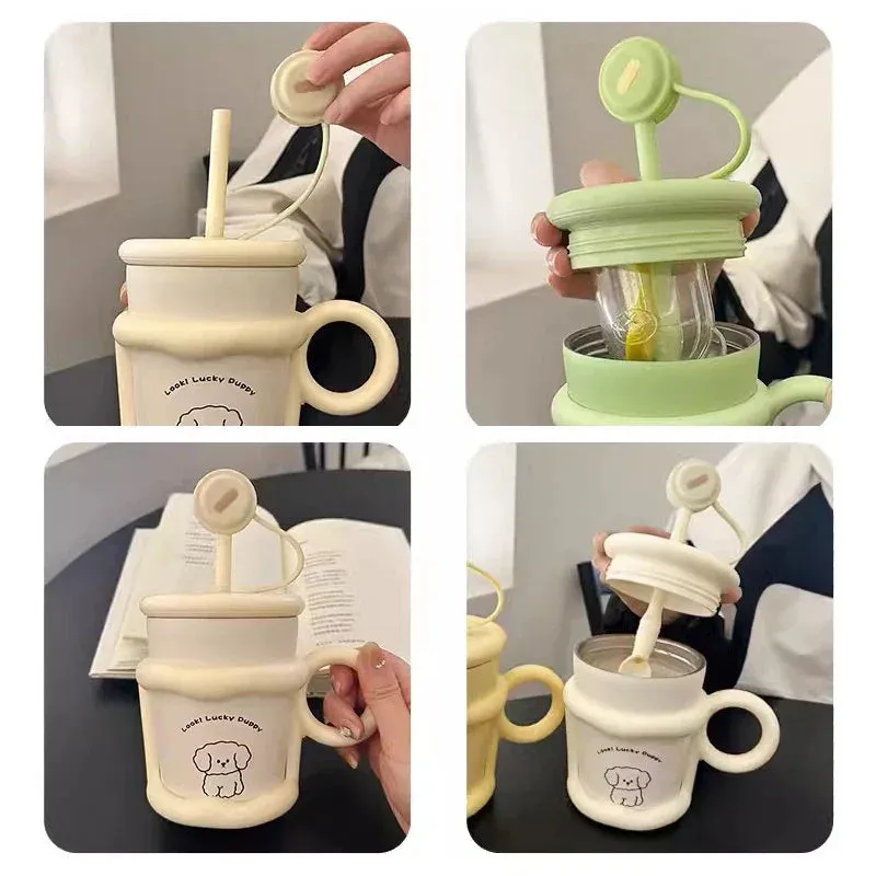 SINOTAO  -  Cute Puppy Thermos Sainless Steel Water Bottle With Straw Filter Tumbler 450ml Insulation Thermal  Cup For Coffee Tea Juice Gift