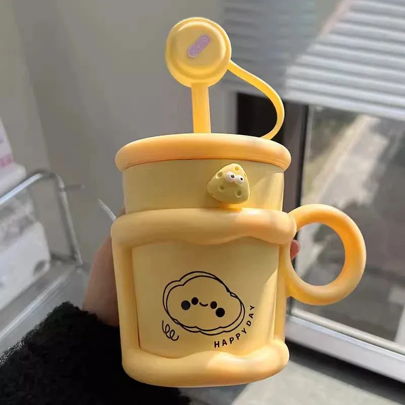 SINOTAO  -  Cute Puppy Thermos Sainless Steel Water Bottle With Straw Filter Tumbler 450ml Insulation Thermal  Cup For Coffee Tea Juice Gift