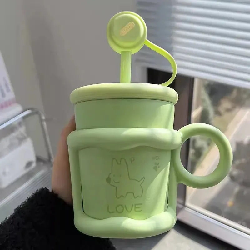 SINOTAO  -  Cute Puppy Thermos Sainless Steel Water Bottle With Straw Filter Tumbler 450ml Insulation Thermal  Cup For Coffee Tea Juice Gift