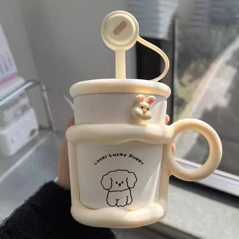 SINOTAO  -  Cute Puppy Thermos Sainless Steel Water Bottle With Straw Filter Tumbler 450ml Insulation Thermal  Cup For Coffee Tea Juice Gift