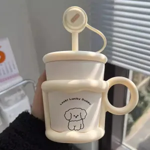SINOTAO  -  Cute Puppy Thermos Sainless Steel Water Bottle With Straw Filter Tumbler 450ml Insulation Thermal  Cup For Coffee Tea Juice Gift