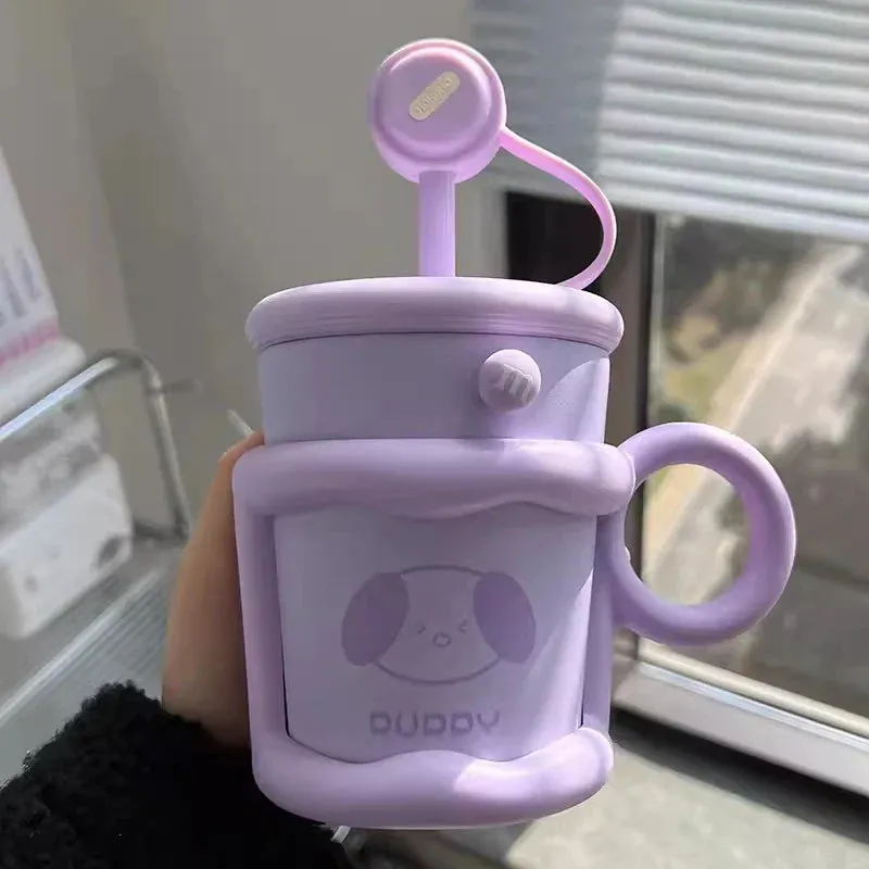 SINOTAO  -  Cute Puppy Thermos Sainless Steel Water Bottle With Straw Filter Tumbler 450ml Insulation Thermal  Cup For Coffee Tea Juice Gift