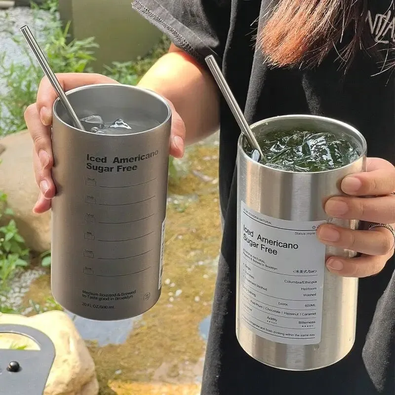 SINOTAO  -  European Style Vintage Upscale Coffee Cup  Ins Good-looking Stainless Steel Thermos with Straw Niche Water Bottle