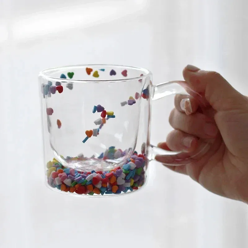 SINOTAO  -   Shining Fairy Double Layer Quicksand Water Cup Big Ear Coffee Breakfast Heat Insulation Bubble Sequin Creative Glass