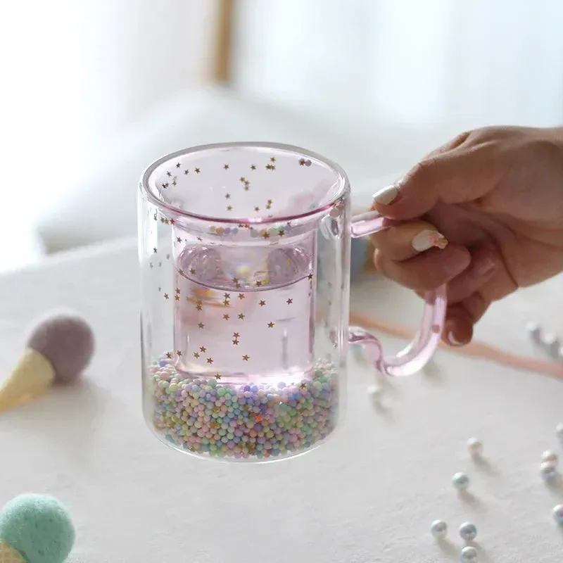 SINOTAO  -   Shining Fairy Double Layer Quicksand Water Cup Big Ear Coffee Breakfast Heat Insulation Bubble Sequin Creative Glass