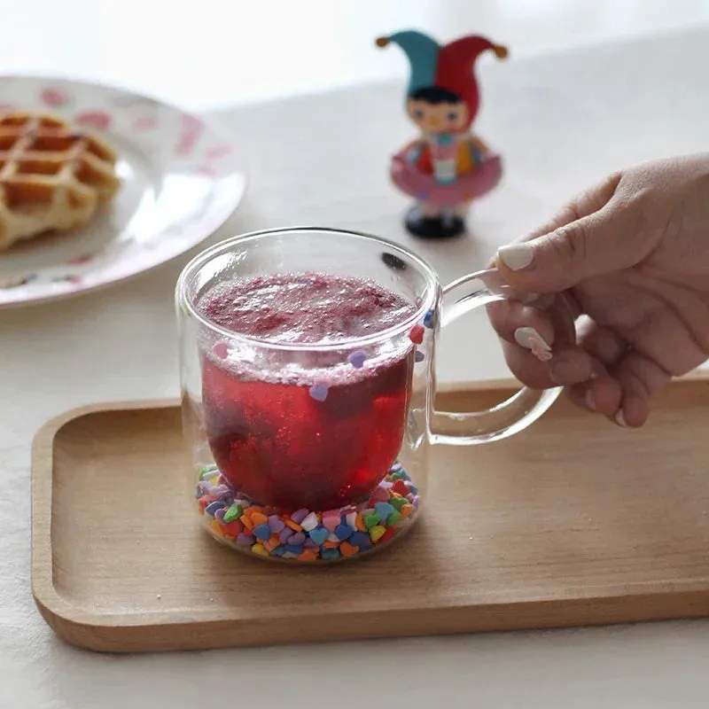 SINOTAO  -   Shining Fairy Double Layer Quicksand Water Cup Big Ear Coffee Breakfast Heat Insulation Bubble Sequin Creative Glass