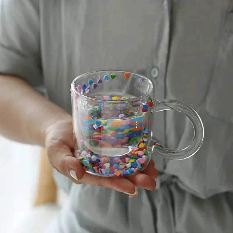 SINOTAO  -   Shining Fairy Double Layer Quicksand Water Cup Big Ear Coffee Breakfast Heat Insulation Bubble Sequin Creative Glass