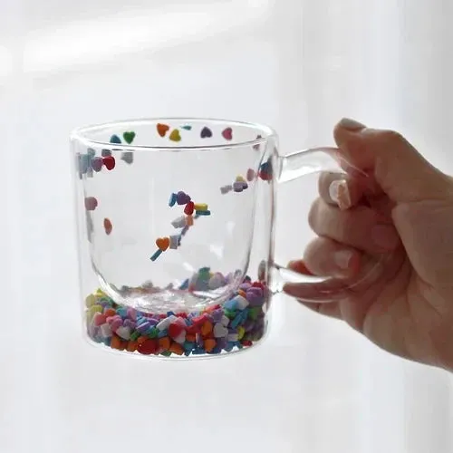 SINOTAO  -   Shining Fairy Double Layer Quicksand Water Cup Big Ear Coffee Breakfast Heat Insulation Bubble Sequin Creative Glass