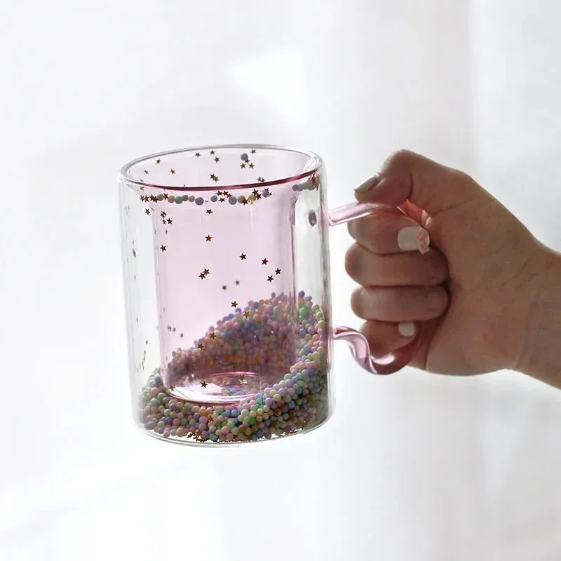 SINOTAO  -   Shining Fairy Double Layer Quicksand Water Cup Big Ear Coffee Breakfast Heat Insulation Bubble Sequin Creative Glass
