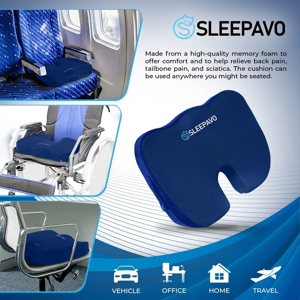 Sleepavo Navy Blue Memory Foam Seat Cushion for Office Chair - Pillow for Sciatica, Coccyx, Back, Tailbone and Lower Back Pain Relief - Orthopedic Chair Pad Lumbar Support in Office, Car, Airplane