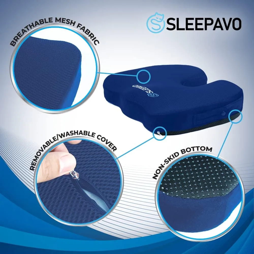 Sleepavo Navy Blue Memory Foam Seat Cushion for Office Chair - Pillow for Sciatica, Coccyx, Back, Tailbone and Lower Back Pain Relief - Orthopedic Chair Pad Lumbar Support in Office, Car, Airplane