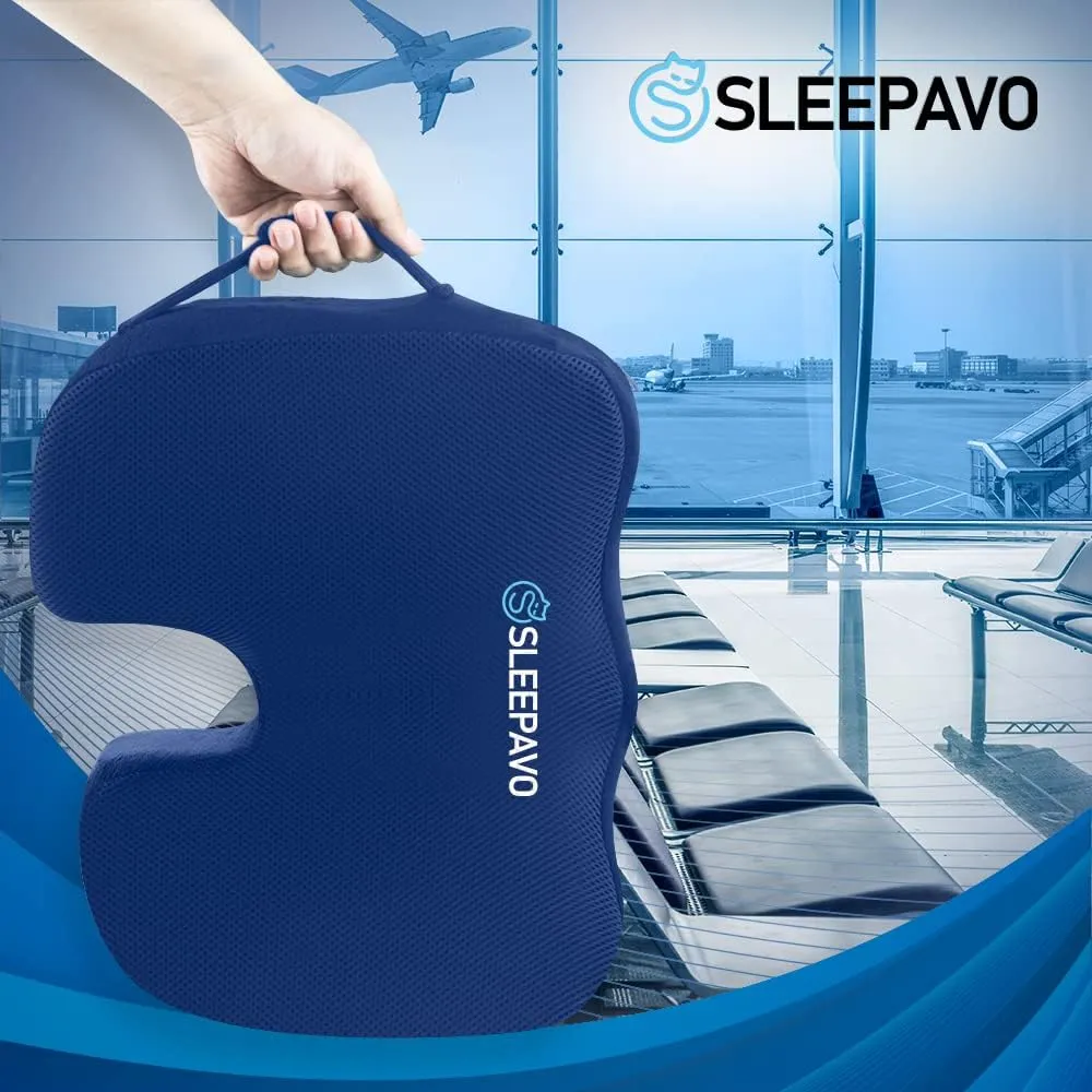 Sleepavo Navy Blue Memory Foam Seat Cushion for Office Chair - Pillow for Sciatica, Coccyx, Back, Tailbone and Lower Back Pain Relief - Orthopedic Chair Pad Lumbar Support in Office, Car, Airplane