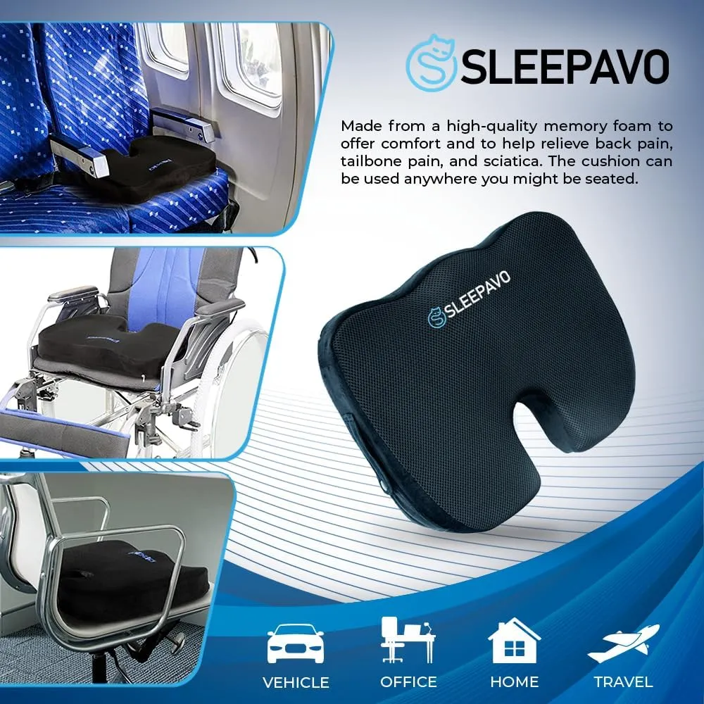 Sleepavo Office Chair Cushion - Seat Cushion for Tailbone Pain Relief - Butt Pillow for Coccyx, Sciatica, and Lower Back Pain - Orthopedic Chair Pad for Lumbar Support in Office Desk, Car, Airplane