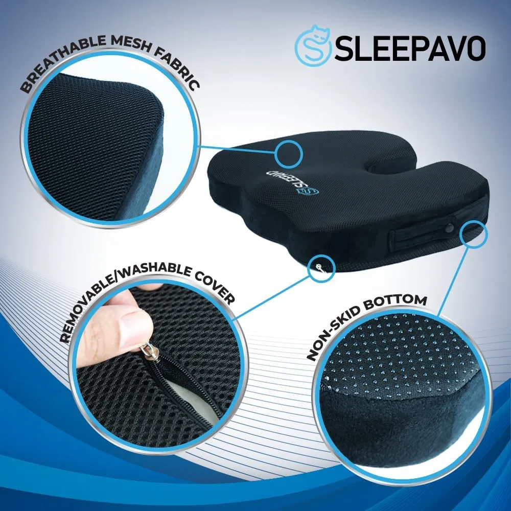 Sleepavo Office Chair Cushion - Seat Cushion for Tailbone Pain Relief - Butt Pillow for Coccyx, Sciatica, and Lower Back Pain - Orthopedic Chair Pad for Lumbar Support in Office Desk, Car, Airplane