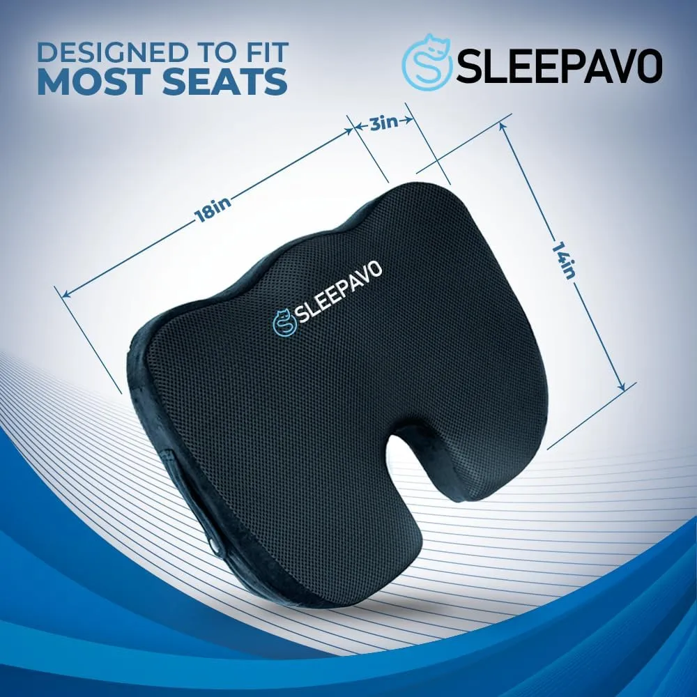 Sleepavo Office Chair Cushion - Seat Cushion for Tailbone Pain Relief - Butt Pillow for Coccyx, Sciatica, and Lower Back Pain - Orthopedic Chair Pad for Lumbar Support in Office Desk, Car, Airplane
