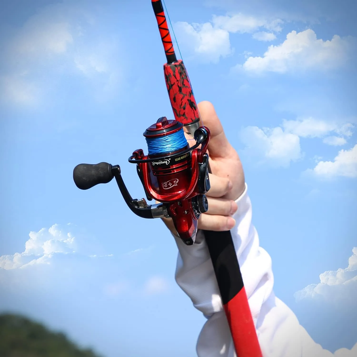 Sougayilang Spinning Reel and 2-Piece Fishing Rod Combo, Durable Graphite & Fiberglass Rod, Split-Grip Cork Handle,Right/Left Handle Position
