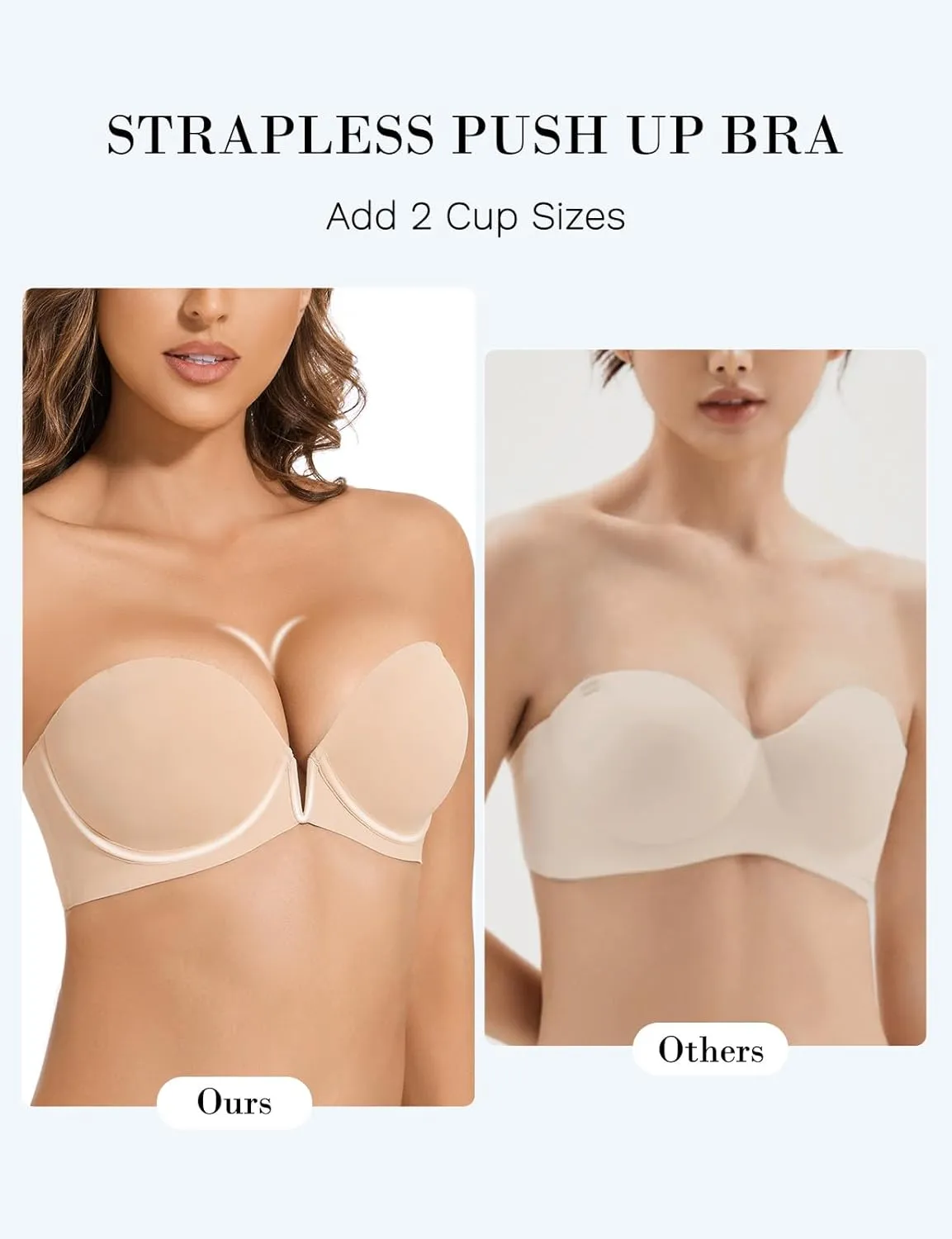 Strapless Bra Push Up Non Slip Deep V Plunge Underwire Bras for Women Super Padded Add 2 Cups