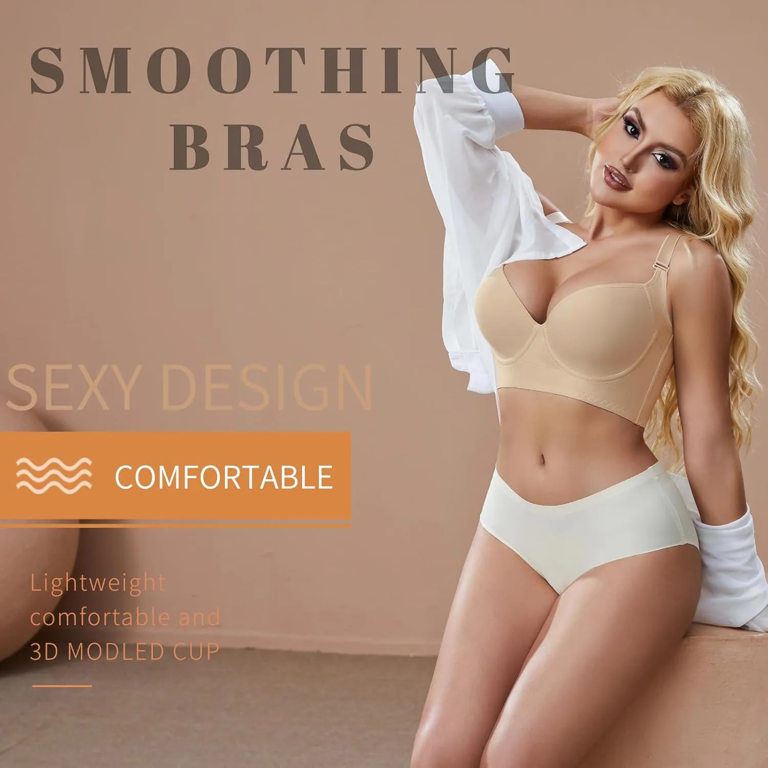 Super Push Up Bra Smoothing Back Fat Bra with Support Comfortable Seamless T Shirt Bra (34B-46DD)