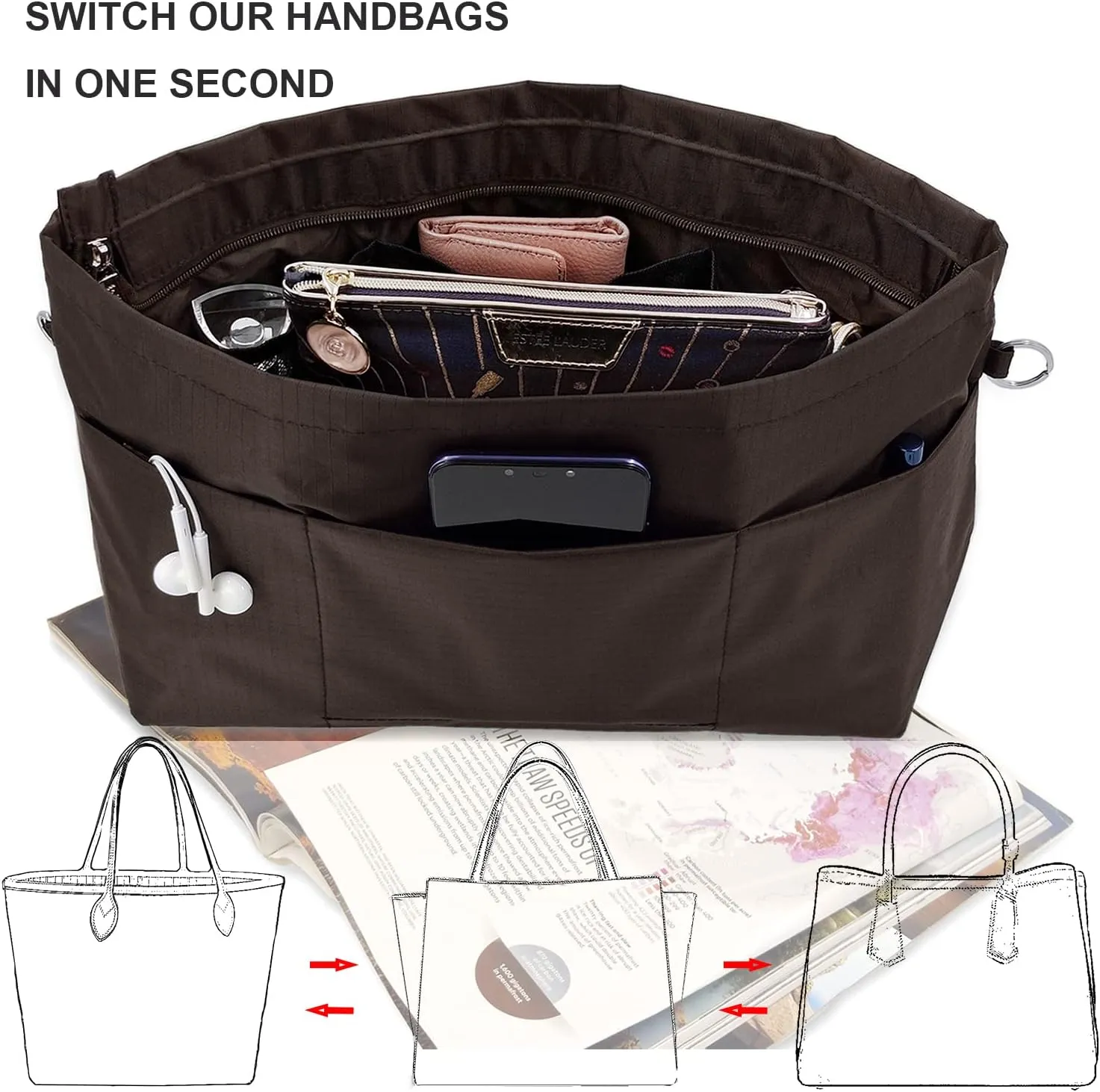 Time Wing Handbag Tote Purse Organizer Insert Bag Liner Shaper Divider Zipper 11 Pockets Compartments X Large Coffee