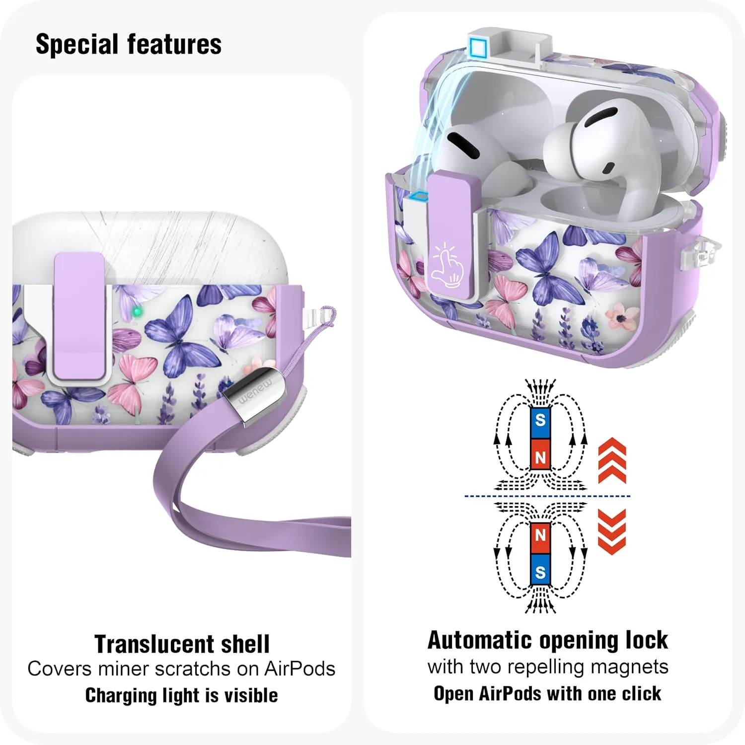 WENEW Case for AirPods Pro & Pro 2 Case Cover Secure Lock Automatic Snap Switch Clip Cleaner Kit Lanyard Women Stylish Hard Shell Full Body Front LED Visible (Purple Butterfly, AirPods Pro & Pro 2)