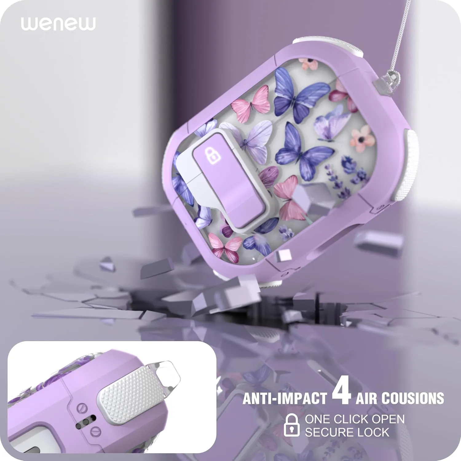 WENEW Case for AirPods Pro & Pro 2 Case Cover Secure Lock Automatic Snap Switch Clip Cleaner Kit Lanyard Women Stylish Hard Shell Full Body Front LED Visible (Purple Butterfly, AirPods Pro & Pro 2)
